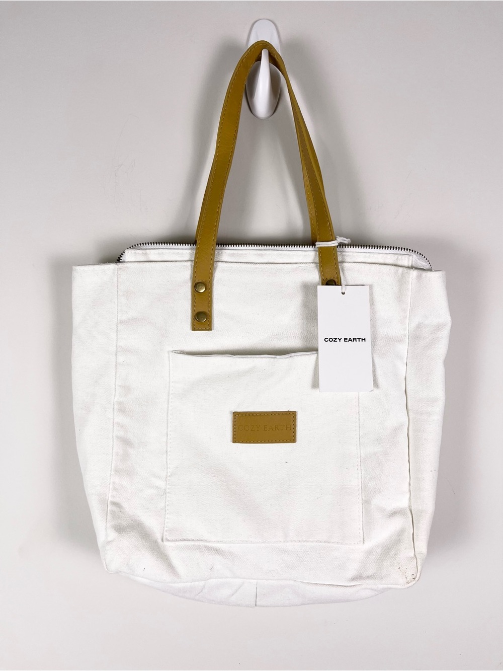 Cozy Earth White Canvas Tote with Tan Handles Basic Neutral Capsule ***Flaws
